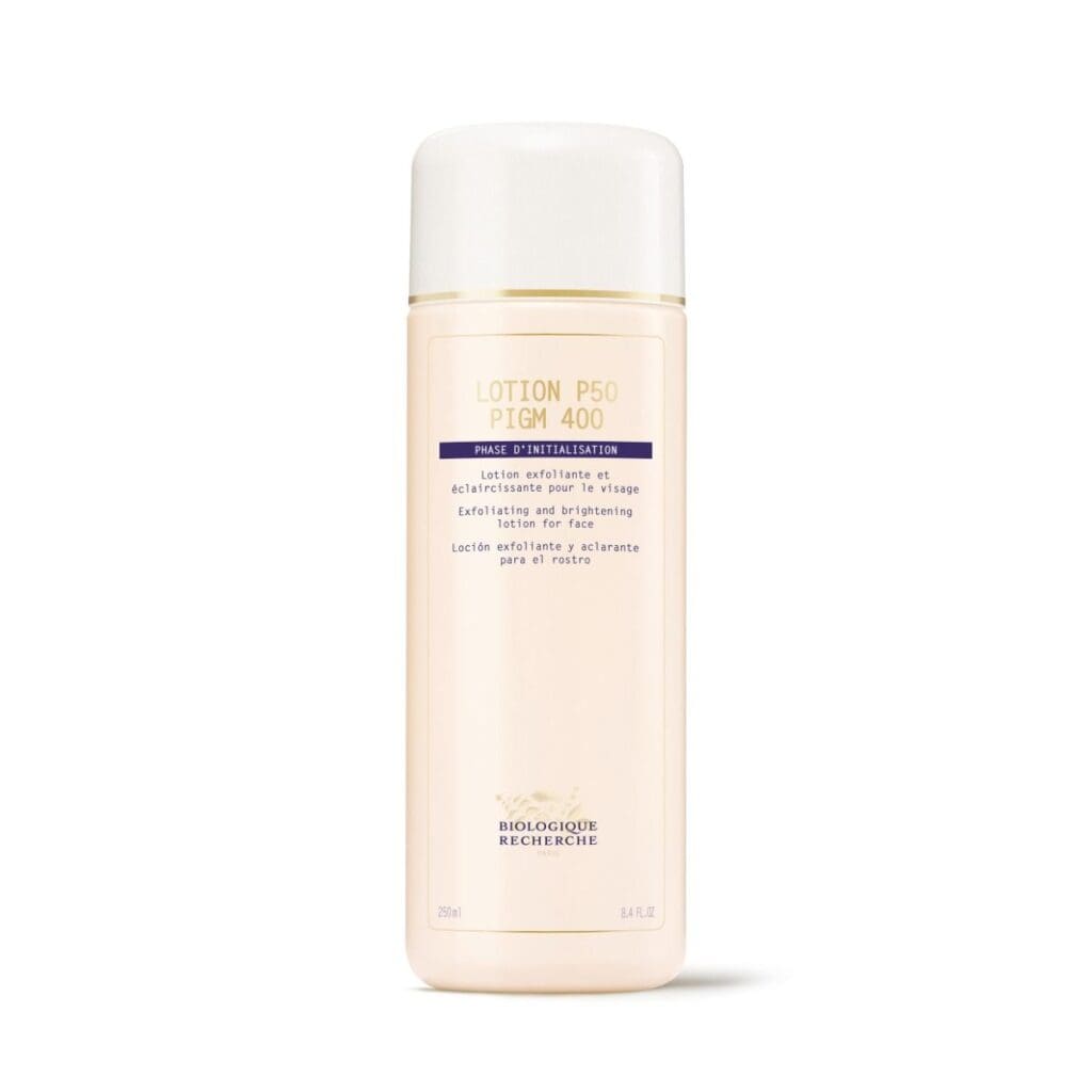 Biologique Recherche Lotion P50 PIGM 400 brightening toner in a sleek, matte white cylindrical bottle with a matching white cap and a gold-accented label featuring blue Biologique Recherche branding. Positioned upright on a white background. This cult-favorite exfoliating toner is formulated to gently brighten, even skin tone, and reduce the appearance of dark spots.